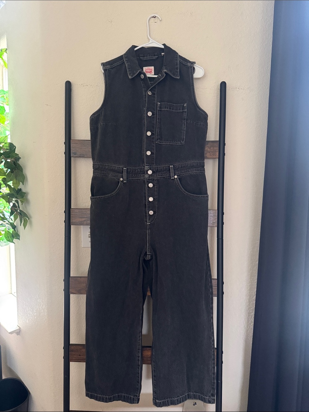 Levi's Sleeveless Black Denim Button-Front Jumpsuit